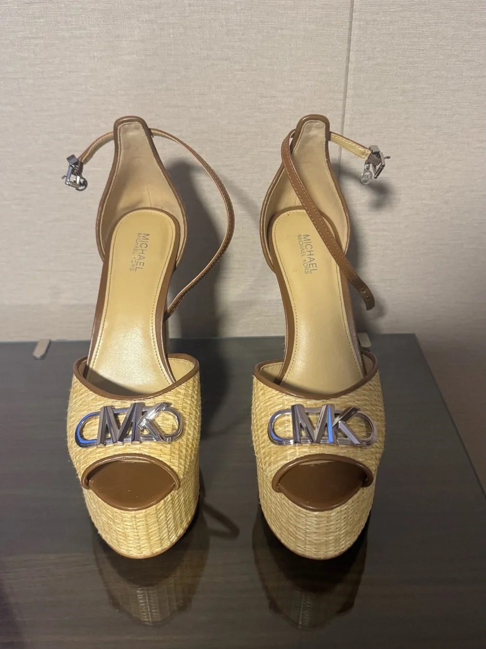 Michael Kors Tan & Natural Woven Platform Sandals with MK Logo